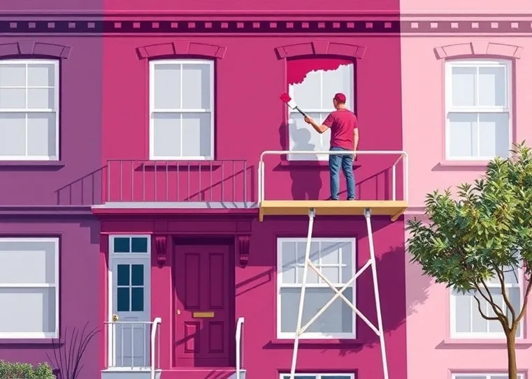 Peintre sur échafaudage traitant la façade d'une maison