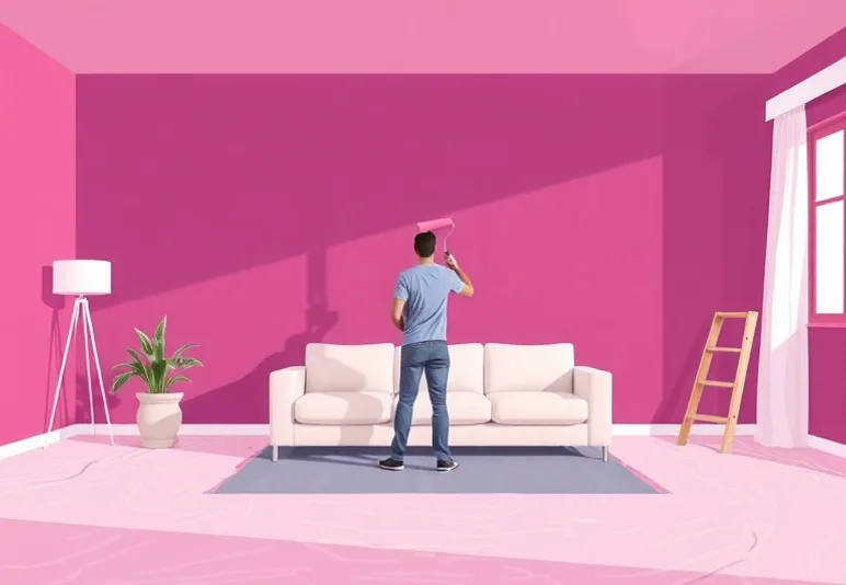 Peintre appliquant la peinture au rouleau sur un mur de salon